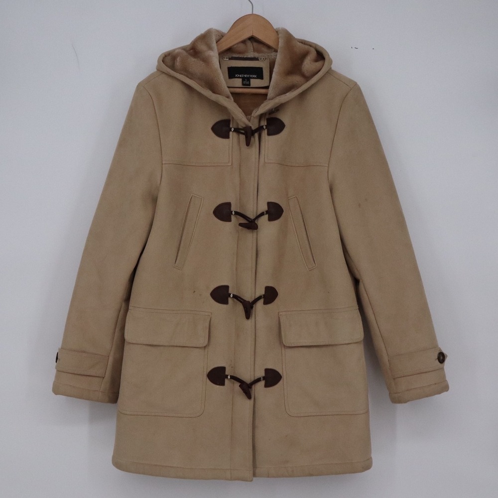 Jones New York Duffle Coat Womens S Tan Faux Suede Toggle Hooded Good